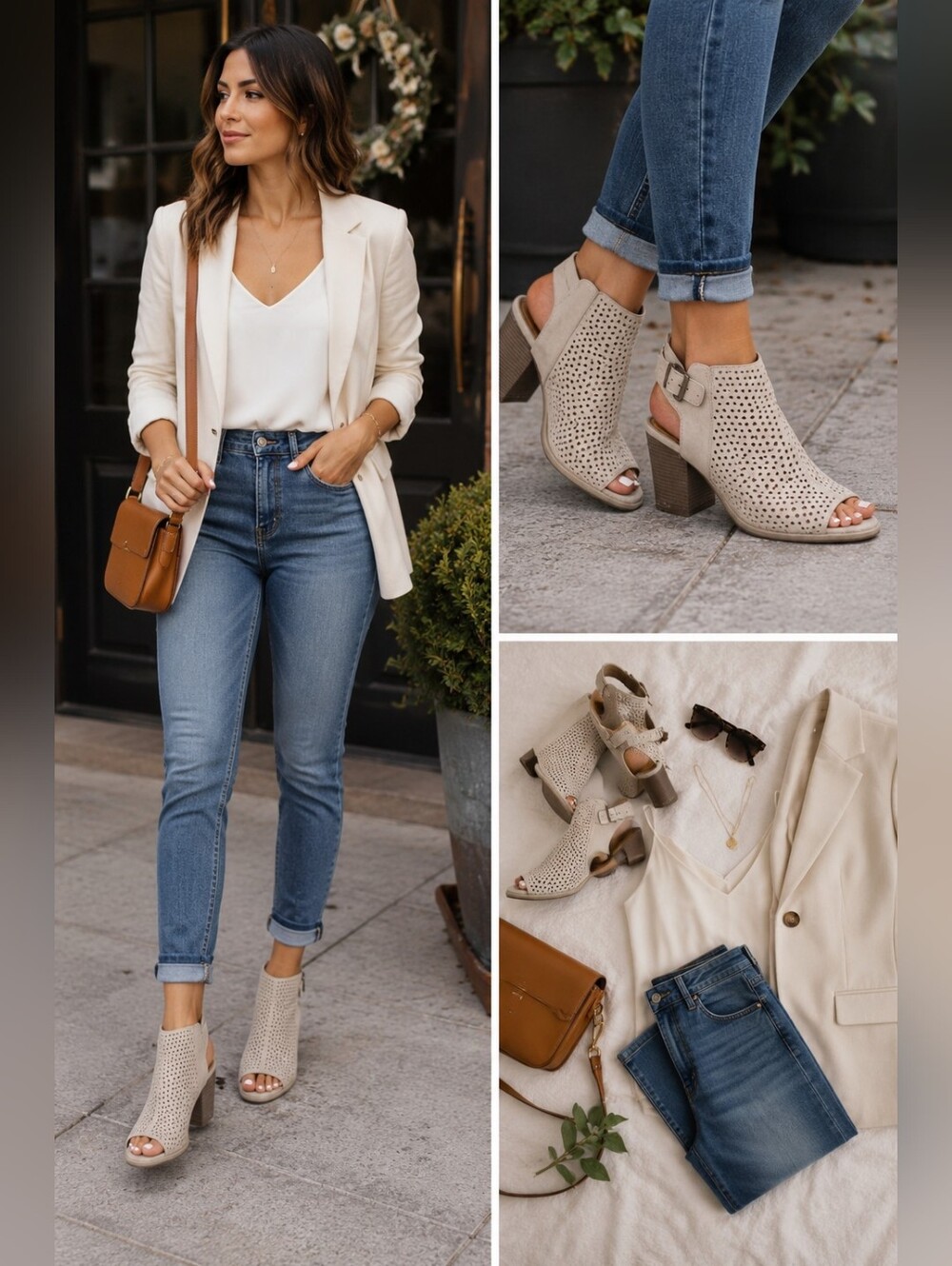 Time And Tru Womens Suede Perforated Peep-Toe Block Heel Booties - Beige